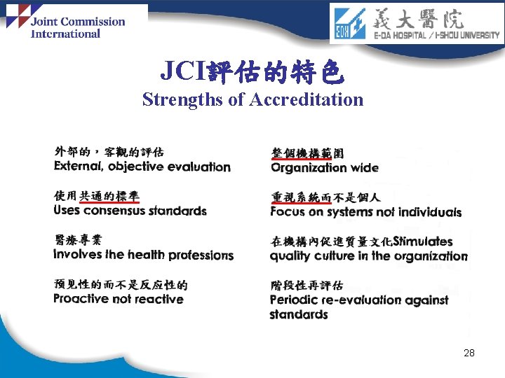 JCI評估的特色 Strengths of Accreditation 28 