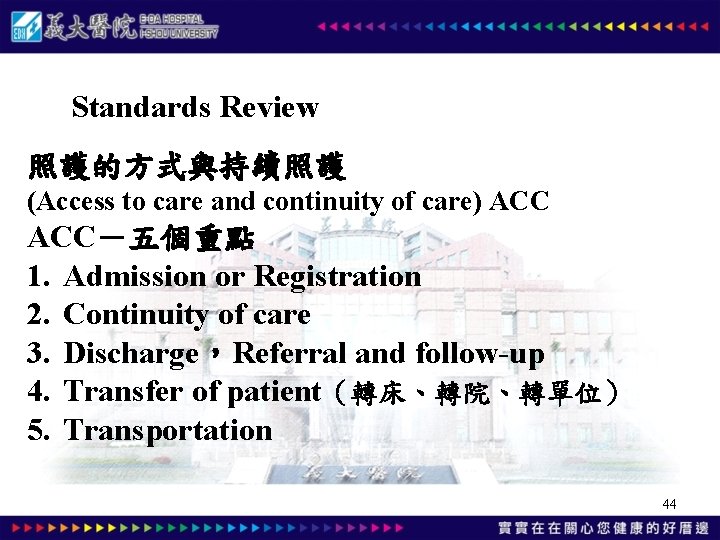 Standards Review 照護的方式與持續照護 (Access to care and continuity of care) ACC－五個重點 1. Admission or