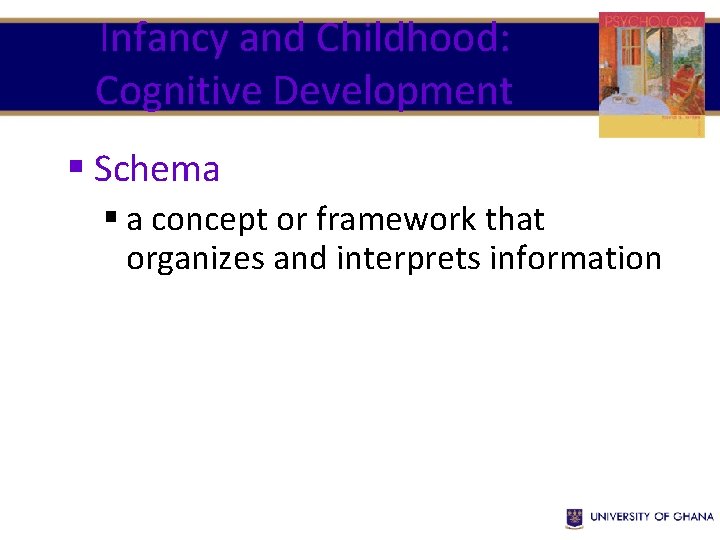 Infancy and Childhood: Cognitive Development § Schema § a concept or framework that organizes