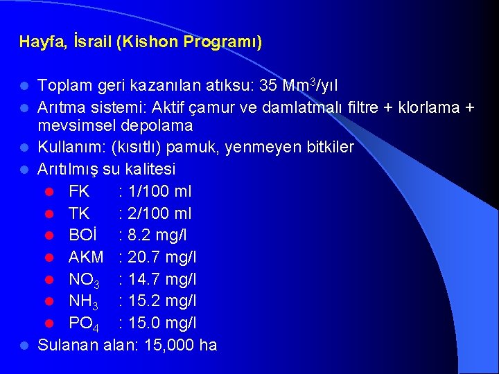 Hayfa, İsrail (Kishon Programı) l l l Toplam geri kazanılan atıksu: 35 Mm 3/yıl