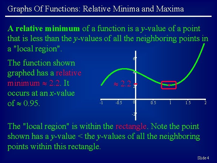 Graphs Of Functions: Relative Minima and Maxima A relative minimum of a function is