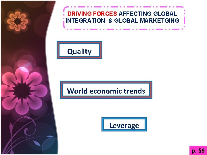 DRIVING FORCES AFFECTING GLOBAL INTEGRATION & GLOBAL MARKETGING Quality World economic trends Leverage p.