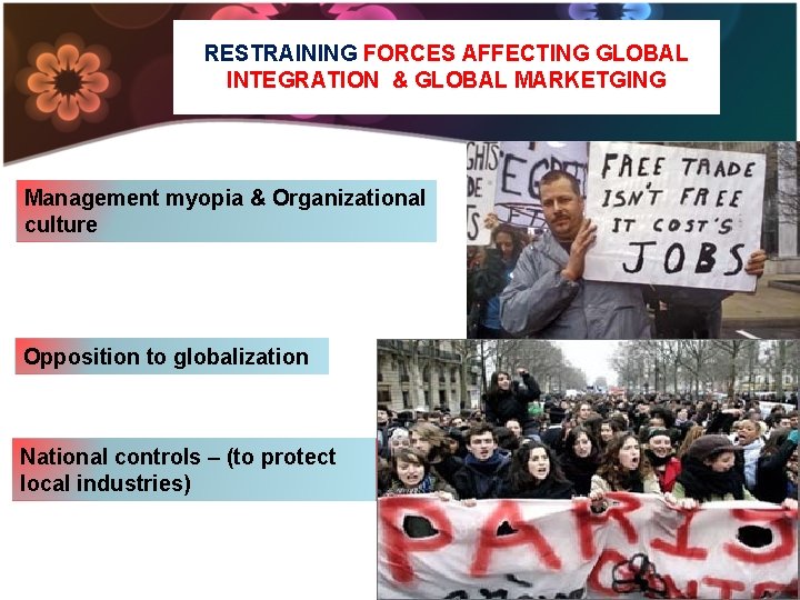 RESTRAINING FORCES AFFECTING GLOBAL INTEGRATION & GLOBAL MARKETGING Management myopia & Organizational culture Opposition