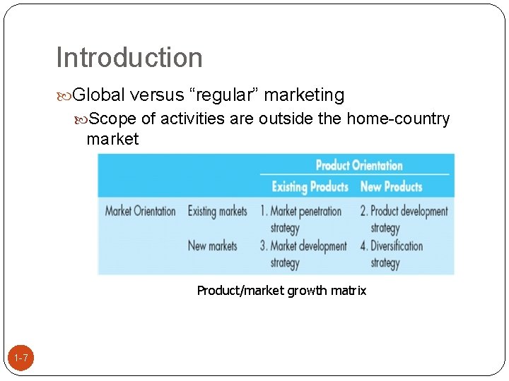 Introduction Global versus “regular” marketing Scope of activities are outside the home-country market Product/market