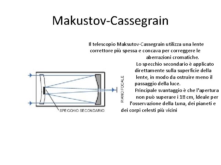 Makustov-Cassegrain Il telescopio Maksutov-Cassegrain utilizza una lente correttore più spessa e concava per correggere
