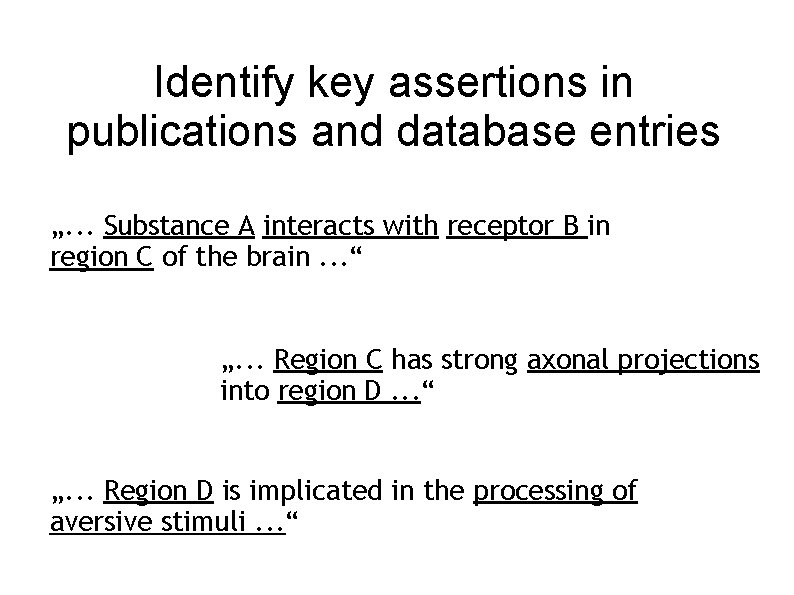 Identify key assertions in publications and database entries „. . . Substance A interacts