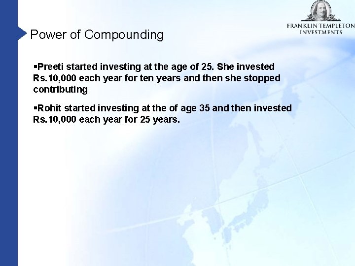 Power of Compounding §Preeti started investing at the age of 25. She invested Rs.