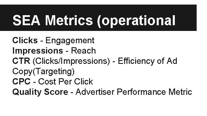 SEA Metrics (operational Clicks - Engagement Impressions - Reach CTR (Clicks/Impressions) - Efficiency of