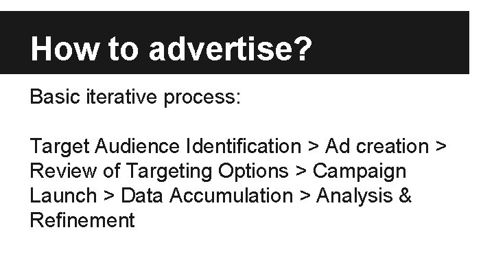 How to advertise? Basic iterative process: Target Audience Identification > Ad creation > Review