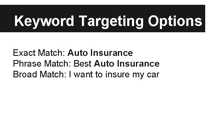 Keyword Targeting Options Exact Match: Auto Insurance Phrase Match: Best Auto Insurance Broad Match: