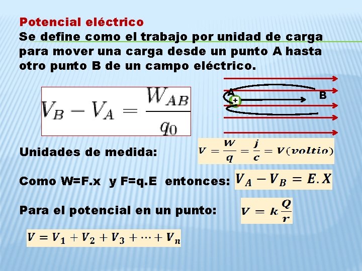 Potencial eléctrico Se define como el trabajo por unidad de carga para mover una