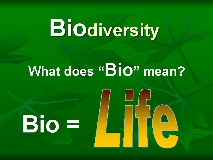 Biodiversity What does “Bio” mean? Bio = 