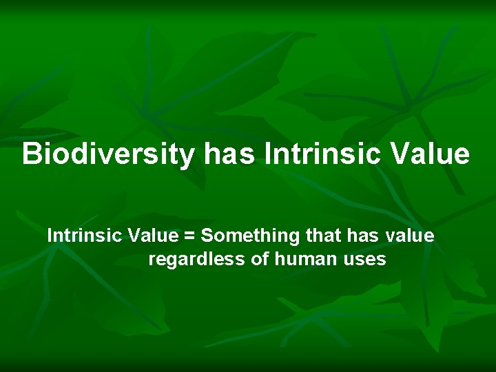 Biodiversity has Intrinsic Value = Something that has value regardless of human uses 