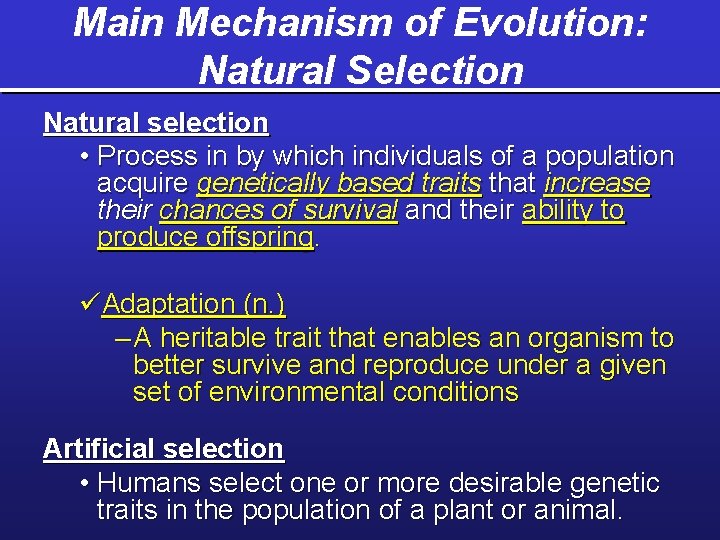 Main Mechanism of Evolution: Natural Selection Natural selection • Process in by which individuals