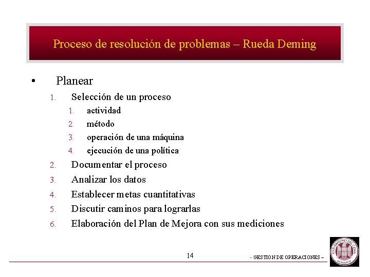 Proceso de resolución de problemas – Rueda Deming • Planear 1. Selección de un