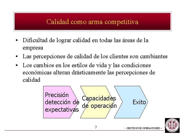 Calidad como arma competitiva • Dificultad de lograr calidad en todas las áreas de