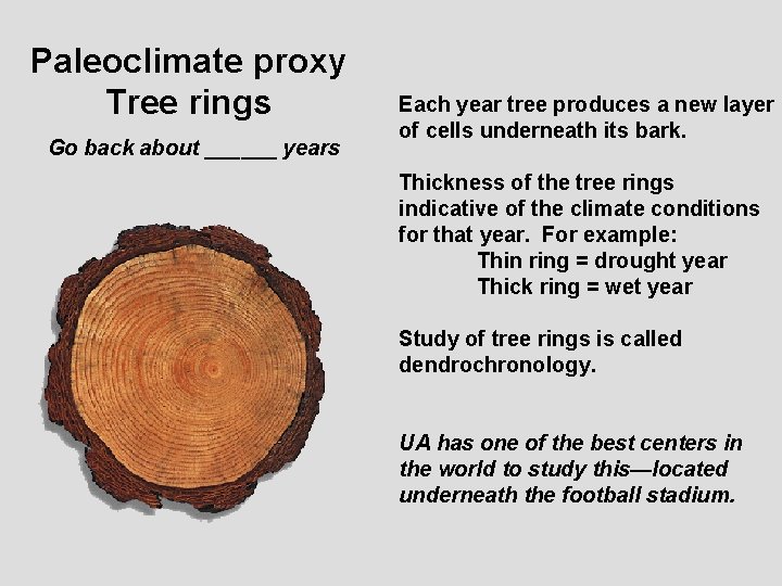 Paleoclimate proxy Tree rings Go back about ______ years Each year tree produces a