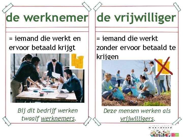 de werknemer de vrijwilliger = iemand die werkt en ervoor betaald krijgt Bij dit