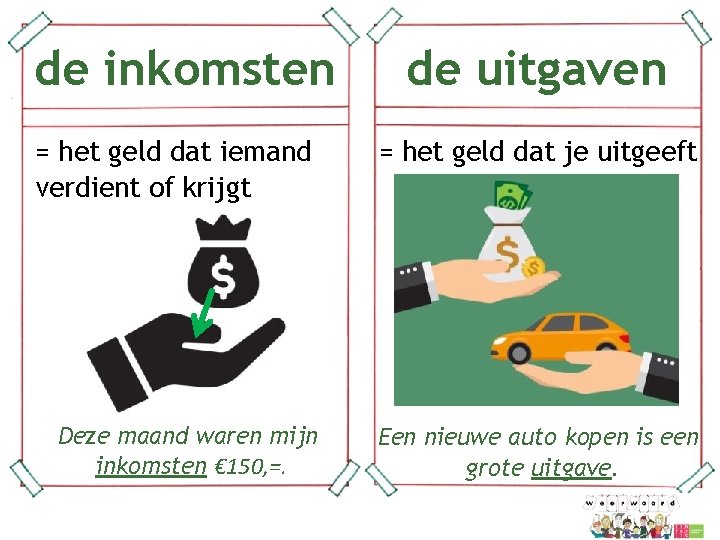 de inkomsten de uitgaven = het geld dat iemand verdient of krijgt = het