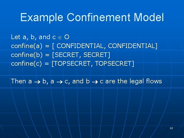 Example Confinement Model Let a, b, and c O confine(a) = [ CONFIDENTIAL, CONFIDENTIAL]