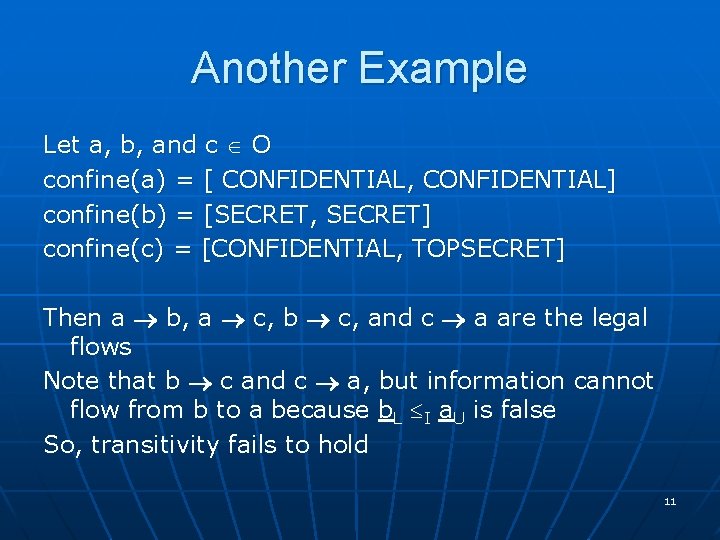 Another Example Let a, b, and c O confine(a) = [ CONFIDENTIAL, CONFIDENTIAL] confine(b)