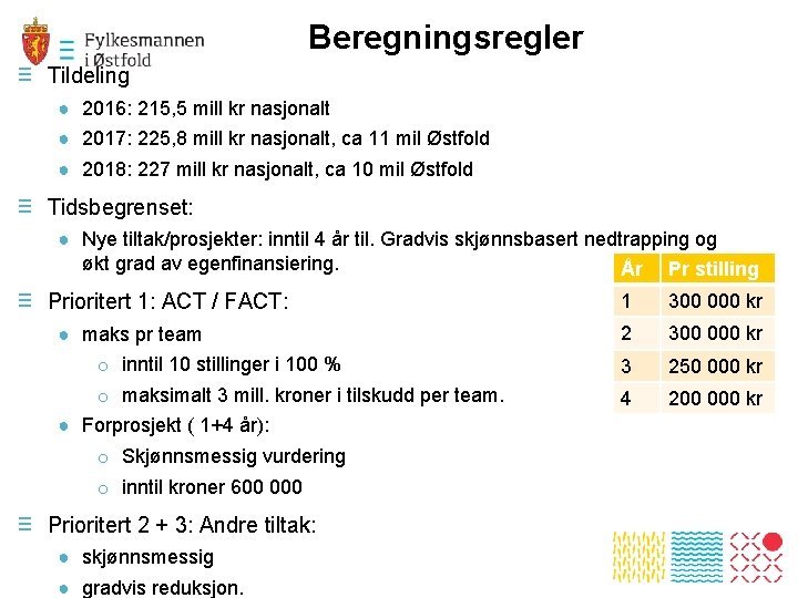 Beregningsregler ≡ Tildeling ● 2016: 215, 5 mill kr nasjonalt ● 2017: 225, 8