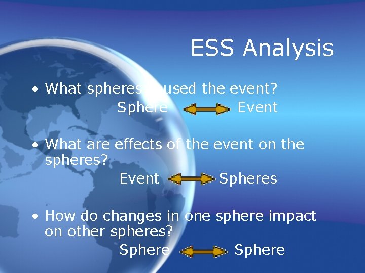 ESS Analysis • What spheres caused the event? Sphere Event • What are effects