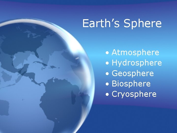 Earth’s Sphere • Atmosphere • Hydrosphere • Geosphere • Biosphere • Cryosphere 