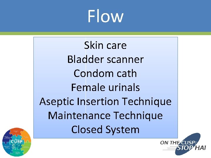 Flow Skin care Bladder scanner Condom cath Female urinals Aseptic Insertion Technique Maintenance Technique