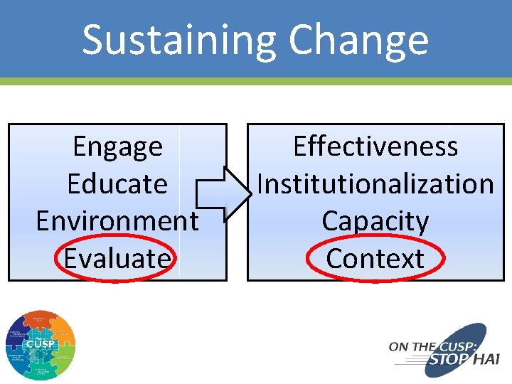 Sustaining Change Engage Educate Environment Evaluate 39 Effectiveness Institutionalization Capacity Context 