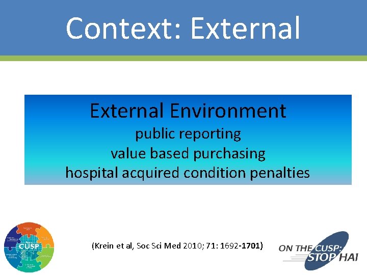 Context: External Environment public reporting value based purchasing hospital acquired condition penalties (Krein et