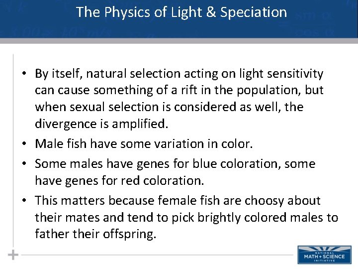 The Physics of Light & Speciation • By itself, natural selection acting on light