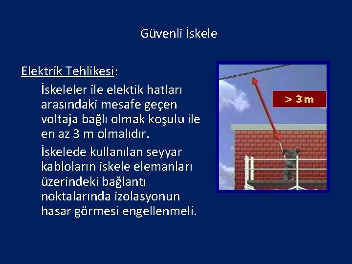 Güvenli İskele Elektrik Tehlikesi: • İskeleler ile elektik hatları arasındaki mesafe geçen voltaja bağlı