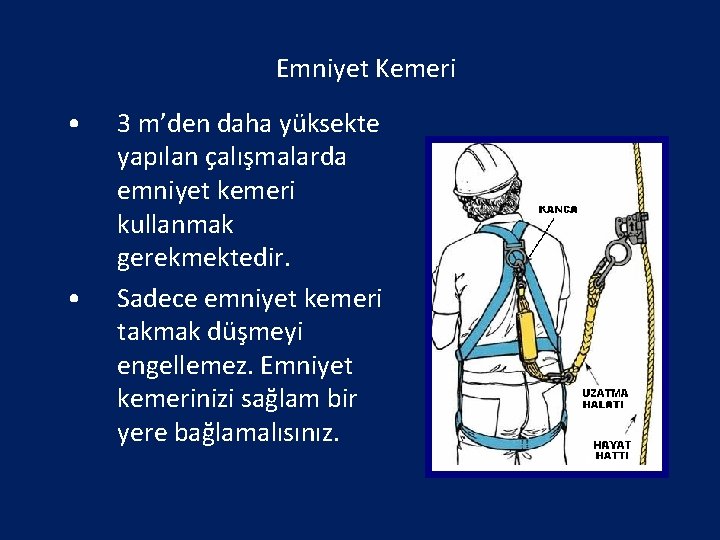 Emniyet Kemeri • • 3 m’den daha yüksekte yapılan çalışmalarda emniyet kemeri kullanmak gerekmektedir.