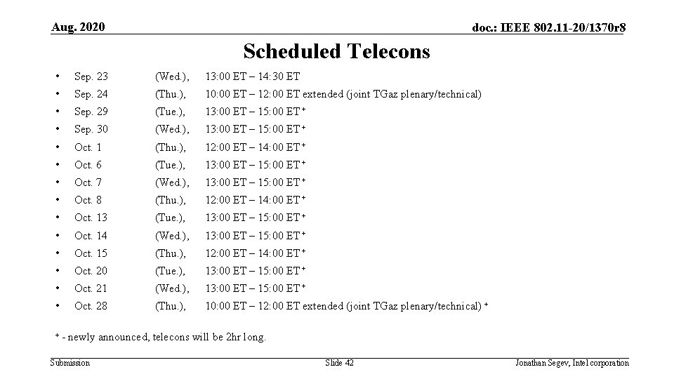 Aug. 2020 doc. : IEEE 802. 11 -20/1370 r 8 Scheduled Telecons • Sep.