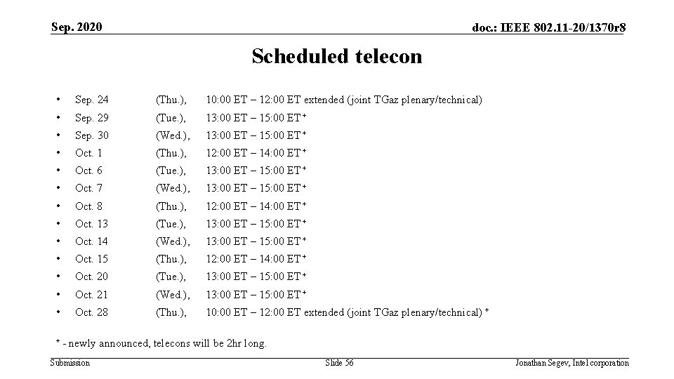 Sep. 2020 doc. : IEEE 802. 11 -20/1370 r 8 Scheduled telecon • Sep.