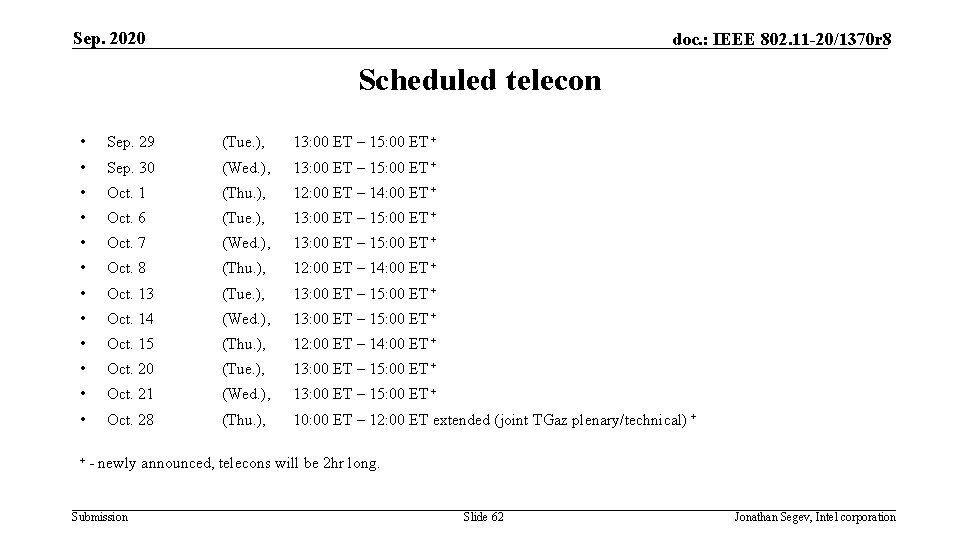 Sep. 2020 doc. : IEEE 802. 11 -20/1370 r 8 Scheduled telecon • Sep.