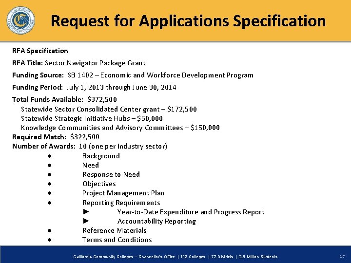 Request for Applications Specification RFA Title: Sector Navigator Package Grant Funding Source: SB 1402