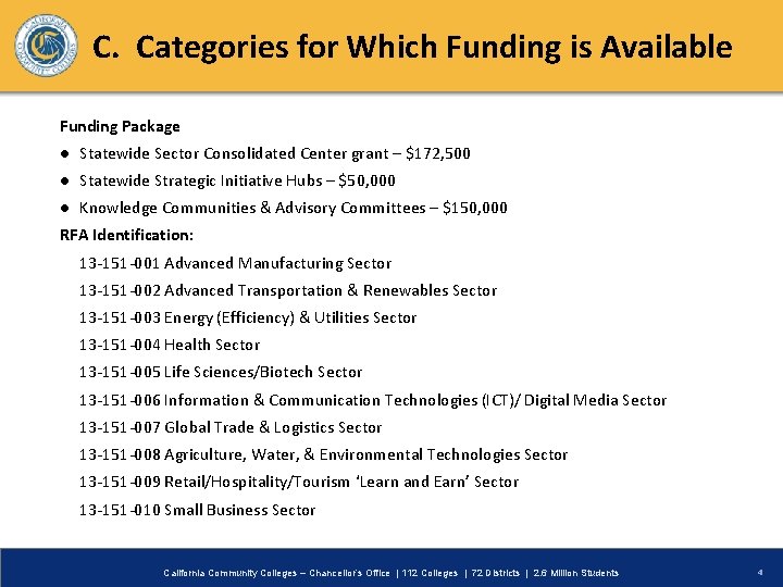 C. Categories for Which Funding is Available Funding Package ● Statewide Sector Consolidated Center