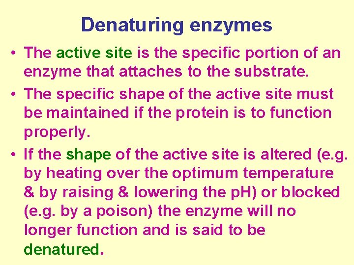 Denaturing enzymes • The active site is the specific portion of an enzyme that