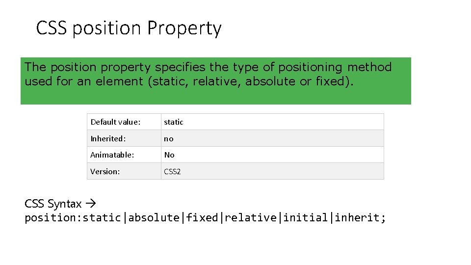 CSS position Property The position property specifies the type of positioning method used for