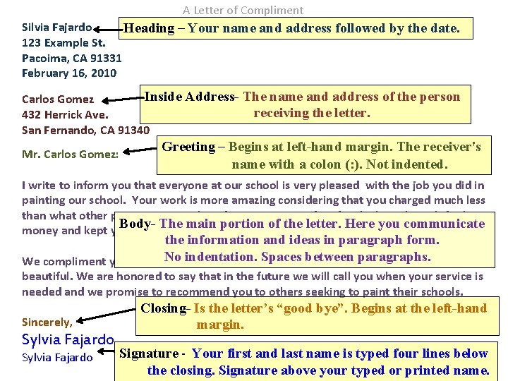 A Letter of Compliment Silvia Fajardo Heading – Your name and address followed by
