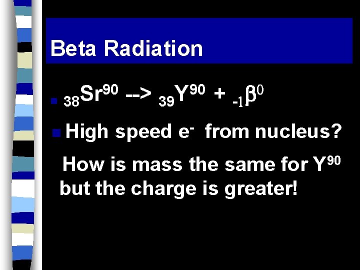 Beta Radiation 90 --> 90 + Sr Y n 38 39 - n High
