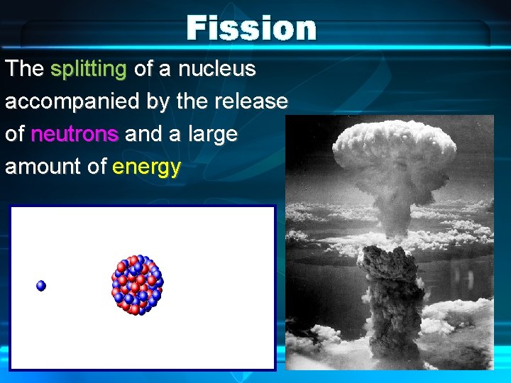 Fission The splitting of a nucleus accompanied by the release of neutrons and a