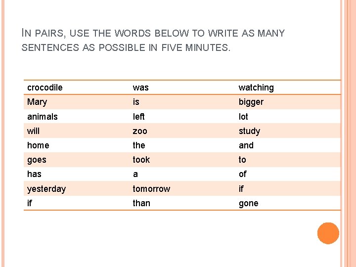 IN PAIRS, USE THE WORDS BELOW TO WRITE AS MANY SENTENCES AS POSSIBLE IN