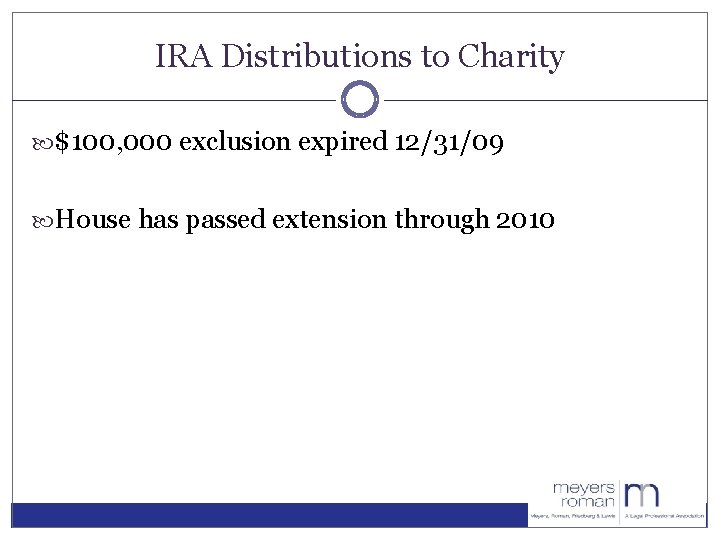IRA Distributions to Charity $100, 000 exclusion expired 12/31/09 House has passed extension through