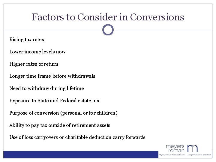 Factors to Consider in Conversions Rising tax rates Lower income levels now Higher rates