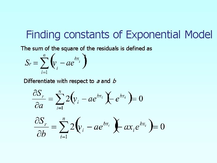 Finding constants of Exponential Model The sum of the square of the residuals is