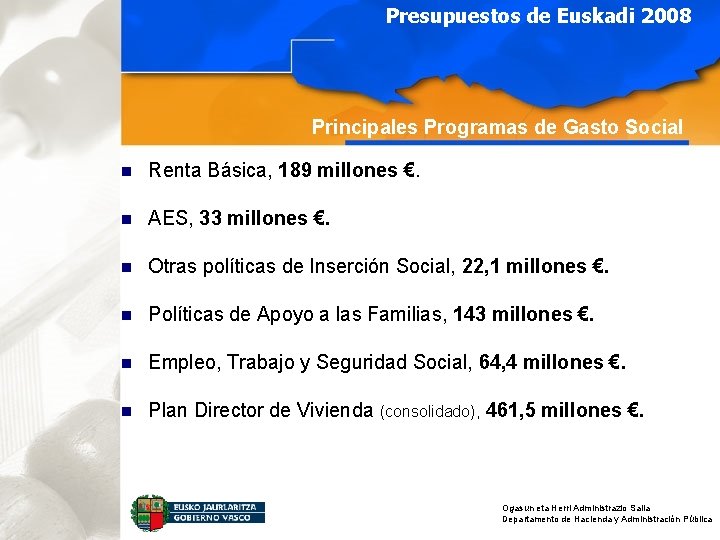 Presupuestos de Euskadi 2008 Principales Programas de Gasto Social n Renta Básica, 189 millones