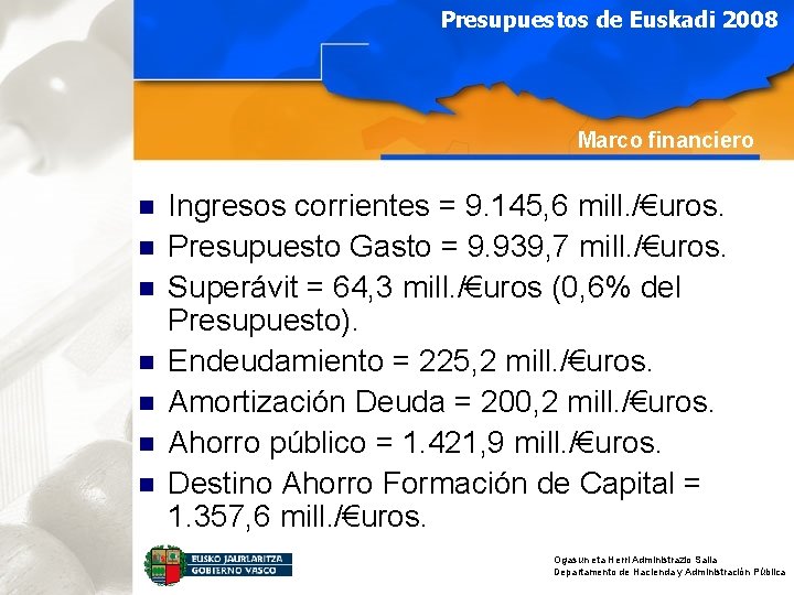 Presupuestos de Euskadi 2008 Marco financiero n n n n Ingresos corrientes = 9.